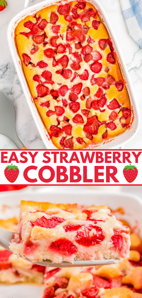 A freshly baked strawberry cobbler in a rectangular dish, prominently displaying sliced strawberries on top, with a serving being scooped out.