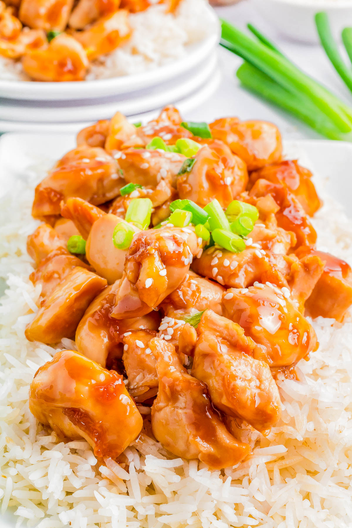 Close-up of a plate of teriyaki chicken with green onions served over white rice, with another plate and green onions in the background.