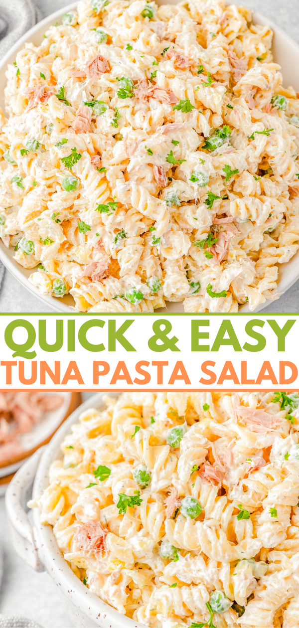 A bowl of tuna pasta salad topped with chopped parsley. Text at the bottom reads "Quick & Easy Tuna Pasta Salad.