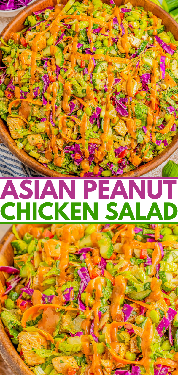 A colorful dish of Asian peanut chicken salad with chopped vegetables, shredded chicken, and a drizzle of peanut sauce on top. The text reads "Asian Peanut Chicken Salad.