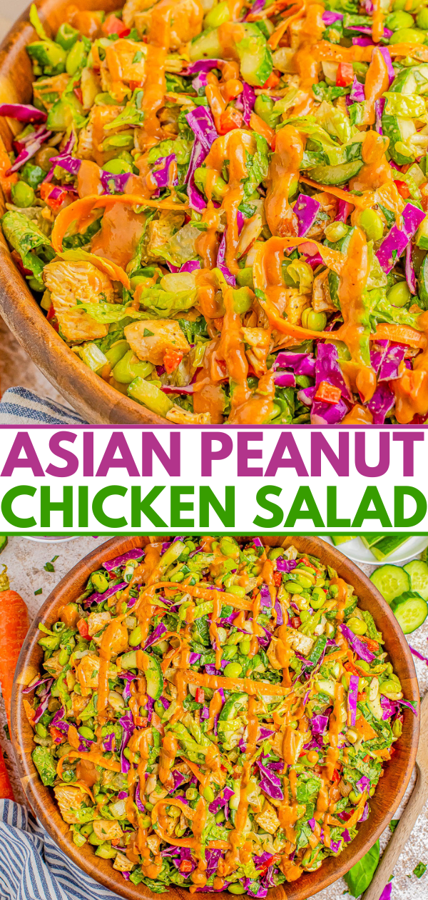 A vibrant Asian peanut chicken salad served in a brown wooden bowl, topped with a generous drizzle of peanut sauce. The salad includes colorful ingredients like cabbage, carrots, and cucumbers.