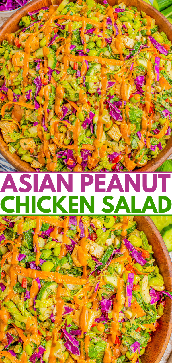 A close-up of Asian Peanut Chicken Salad topped with a drizzle of peanut sauce. The salad includes ingredients like shredded cabbage, edamame, carrots, and chicken pieces.
