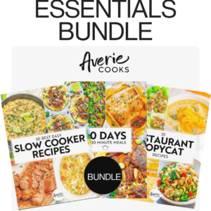 Image of three recipe books from Averie Cooks titled "30 Best Easy Slow Cooker Recipes," "30 Days 30 Minute Meals," and "35 Restaurant Copycat Recipes." The text above reads "Essentials Bundle.