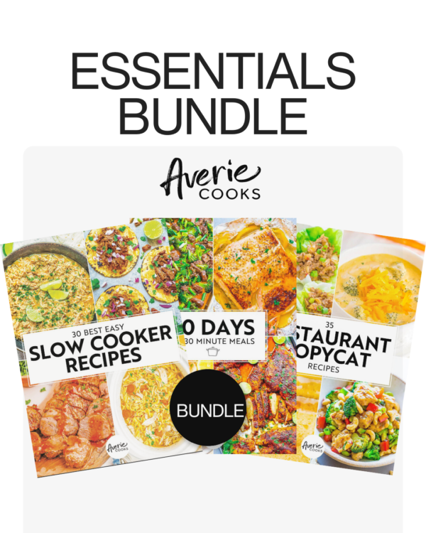 Image of three recipe books from Averie Cooks titled "30 Best Easy Slow Cooker Recipes," "30 Days 30 Minute Meals," and "35 Restaurant Copycat Recipes." The text above reads "Essentials Bundle.