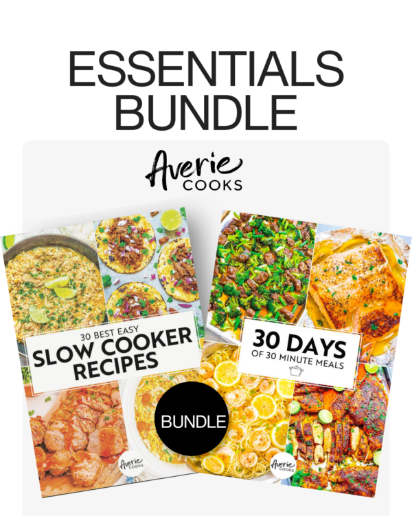 Image showing the cover of a cookbook bundle by Averie Cooks, featuring "30 Best Easy Slow Cooker Recipes" and "30 Days of 30 Minute Meals.