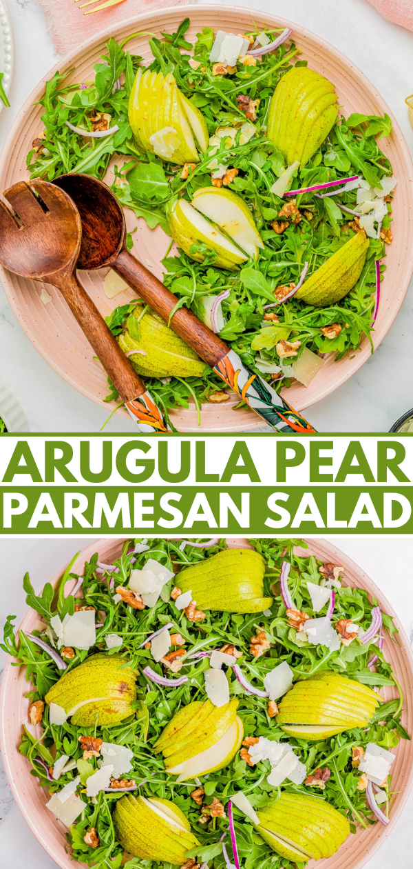 A bowl of arugula pear parmesan salad with walnuts and red onion, accompanied by wooden serving utensils. Text reads 