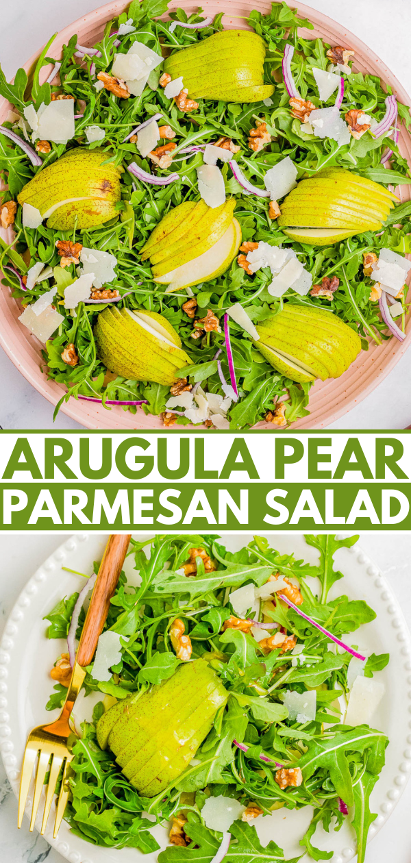 A fresh arugula and pear salad topped with shaved Parmesan cheese and red onion slices, served on a white plate with a gold fork. Text reads 