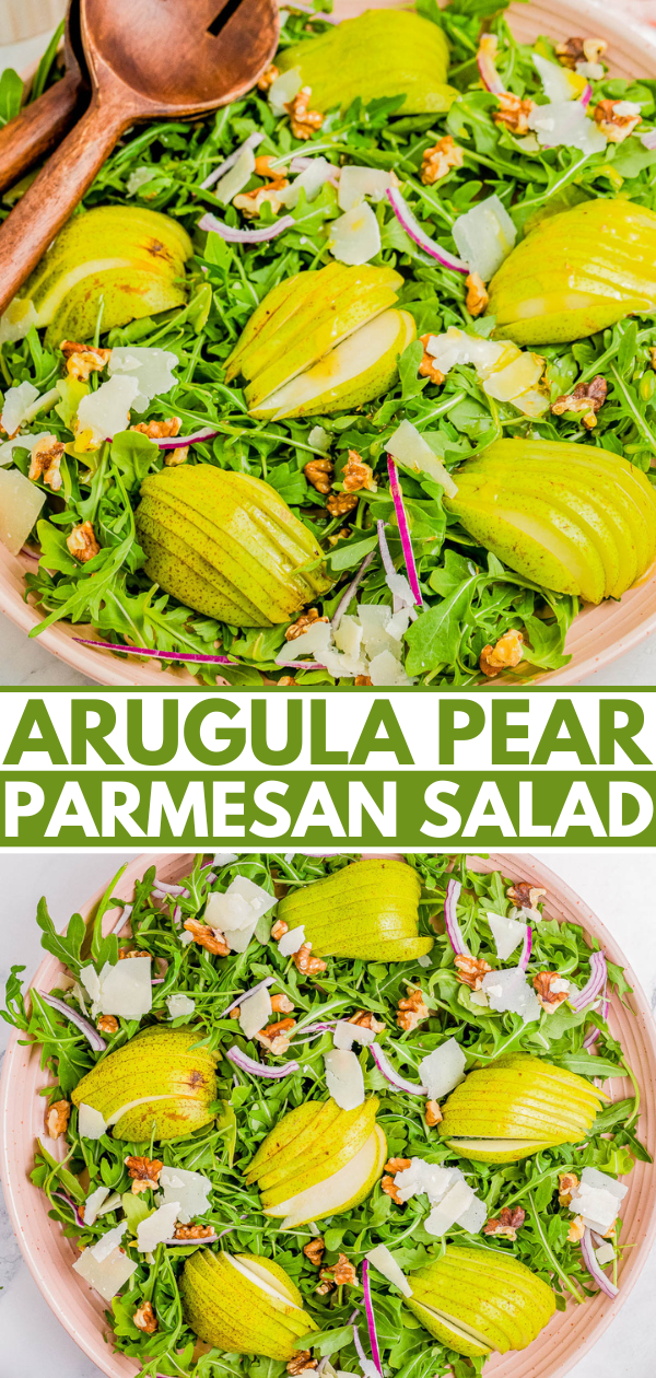 A salad with arugula, sliced pears, Parmesan shavings, walnuts, and red onion is pictured. Wooden serving utensils rest on the side of the dish. Text reads "Arugula Pear Parmesan Salad.