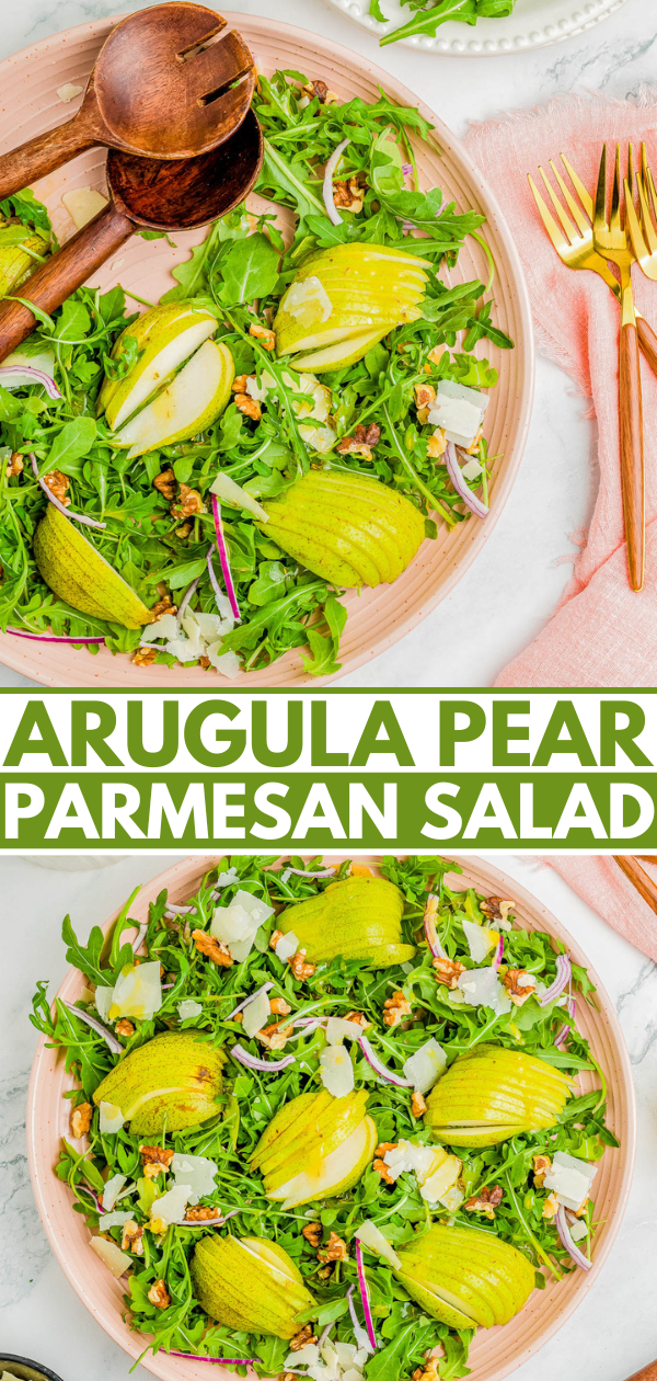 A fresh arugula salad with sliced pears, parmesan, red onions, and walnuts, garnished with a wooden spoon and fork, and gold utensils placed on a pink napkin beside the plate. Text reads 