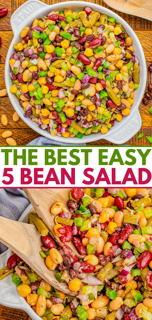 A bowl of five bean salad featuring a mix of beans, corn, and diced vegetables. Text on the image reads 