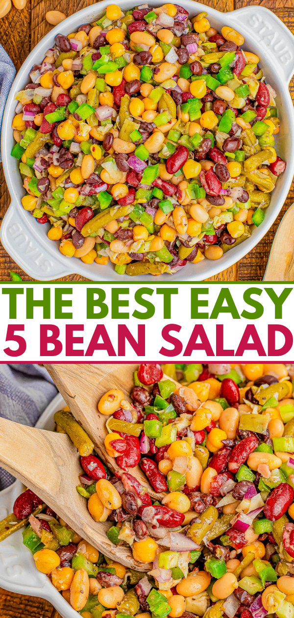 A bowl of five bean salad with colorful ingredients including kidney beans, black beans, chickpeas, green beans, and bell peppers, garnished with onions. Text on the image reads "THE BEST EASY 5 BEAN SALAD.