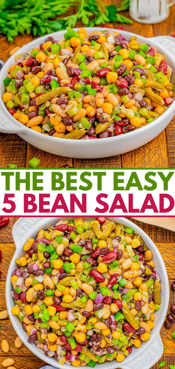 Two bowls of colorful 5-bean salad with various beans, chopped vegetables, and a green herb garnish. Text overlay reads 