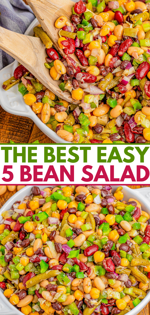 A bowl of five-bean salad with corn, green beans, bell peppers, and onions, topped with a vinaigrette dressing. Text overlay reads 