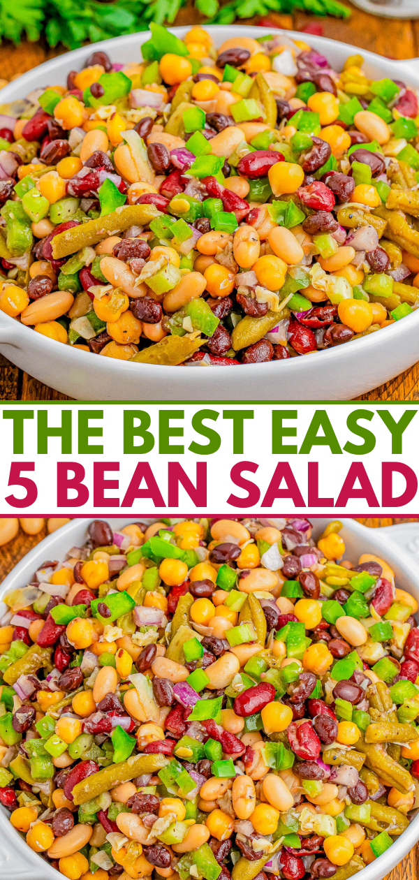 A bowl filled with a colorful five-bean salad mixture, containing various beans and diced vegetables. Text overlay reads 