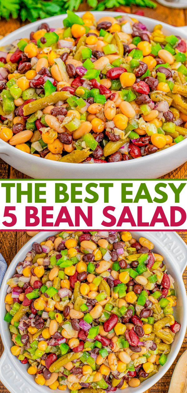 Two photos of a colorful five-bean salad in white bowls, featuring kidney beans, pinto beans, black beans, and green beans mixed with corn and bell peppers. Text overlay reads, 