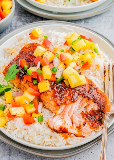 Baked Blackened Salmon - 😋🍍🙌🏻🥭 Rich, buttery salmon is baked with a homemade blackening season for restaurant-worthy salmon! It's perfectly smoky, a little bit spicy, and a little bit sweet. This salmon is tender, so EASY, bursting with flavor, and ready in just 15 minutes! Serve it with a fruit salsa for even more juicy flavor!