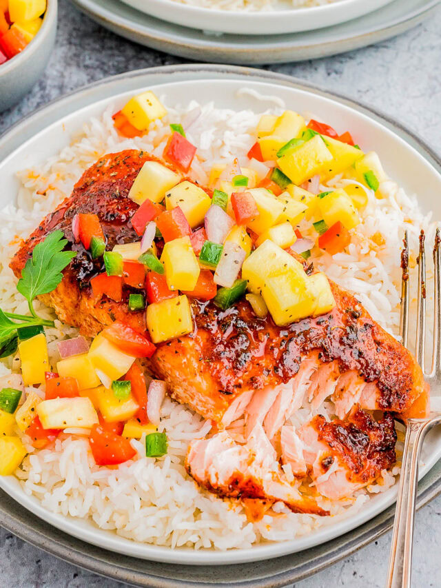 Baked Blackened Salmon - 😋🍍🙌🏻🥭 Rich, buttery salmon is baked with a homemade blackening season for restaurant-worthy salmon! It's perfectly smoky, a little bit spicy, and a little bit sweet. This salmon is tender, so EASY, bursting with flavor, and ready in just 15 minutes! Serve it with a fruit salsa for even more juicy flavor!