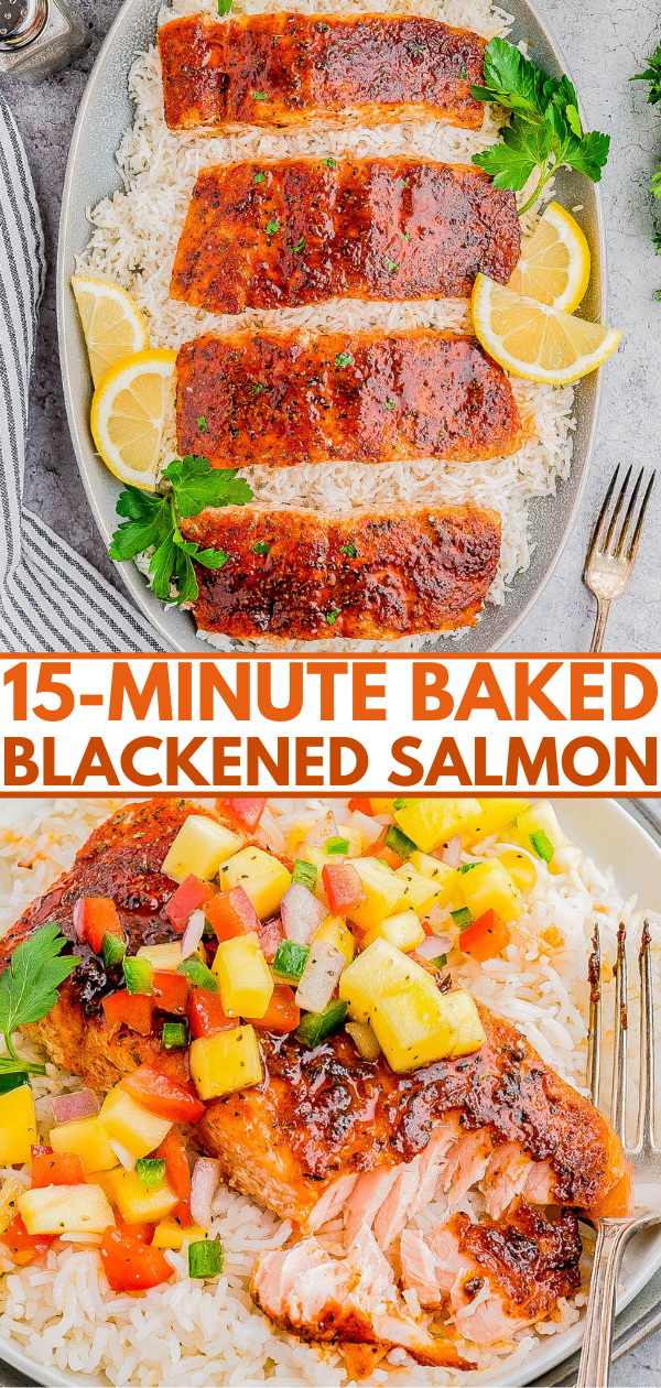 Top image shows four pieces of baked blackened salmon on a bed of rice with lemon slices. Bottom image shows a piece of salmon on rice, topped with a colorful salsa of diced vegetables and herbs.