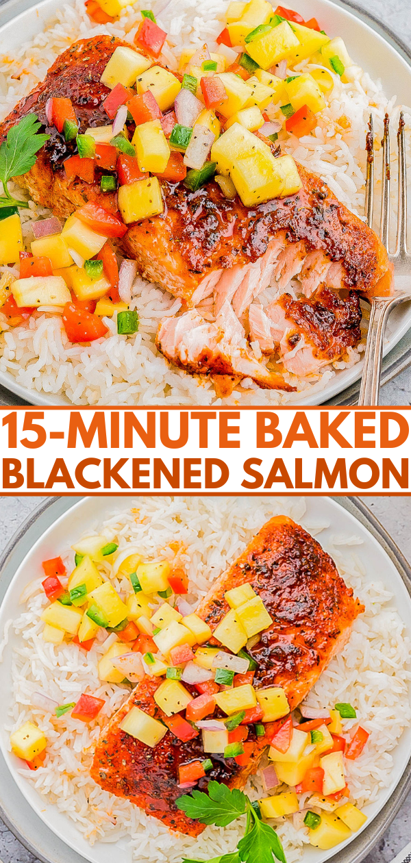 A plate of baked blackened salmon served on a bed of white rice, topped with a colorful diced pineapple, cucumber, and bell pepper salsa. There is a fork on the side.