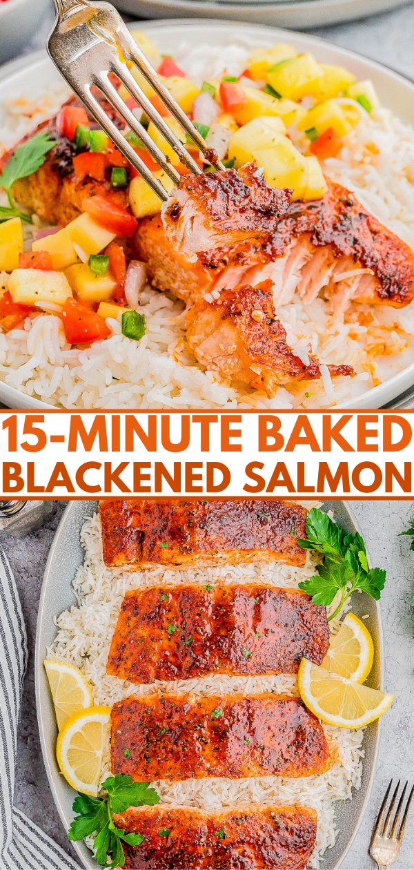 A fork cutting into blackened salmon on a plate of rice topped with diced mango salsa. The text reads "15-Minute Baked Blackened Salmon." Another plate shows multiple pieces of salmon garnished with lemon slices and herbs.