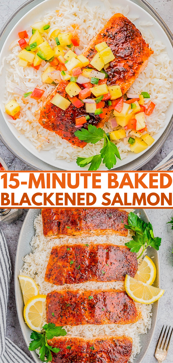 Two images of blackened salmon on white rice topped with a vegetable and fruit salsa. The top image shows a single fillet, while the bottom image shows multiple fillets with lemon wedges and garnishes.