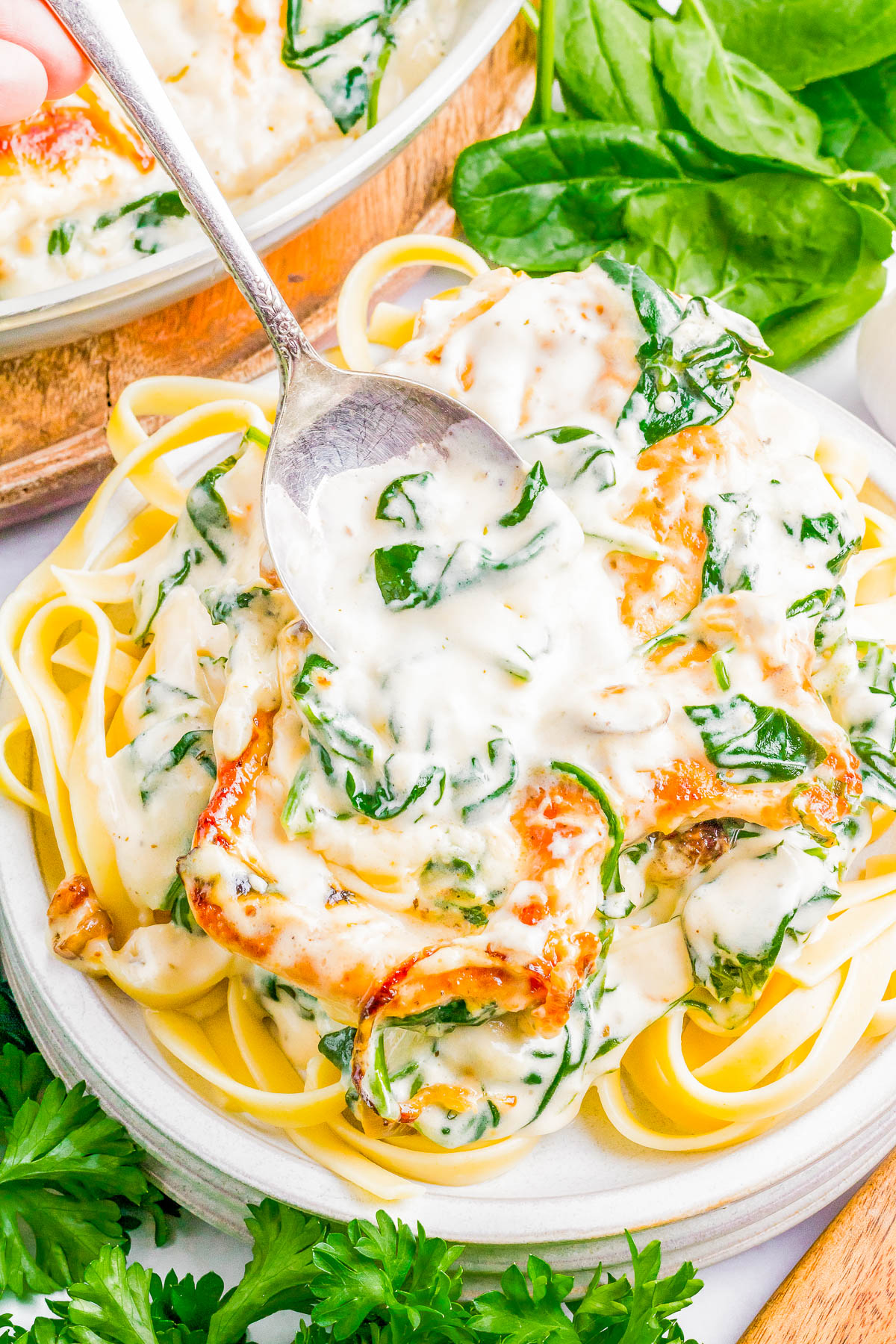 A plate of fettuccine pasta topped with creamy white sauce, spinach, and chicken. A spoon is scooping up the sauce. Green herbs are visible around the plate.