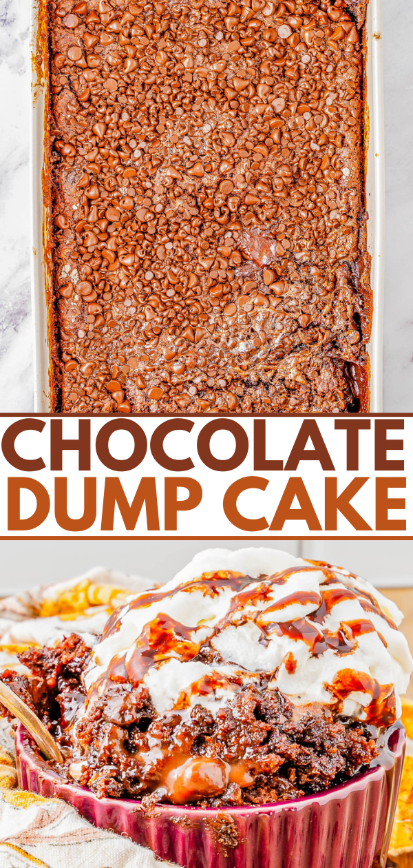 Top image shows a rectangular chocolate dump cake in a baking dish. Bottom image shows a serving of the chocolate dump cake in a bowl topped with whipped cream and chocolate drizzle.