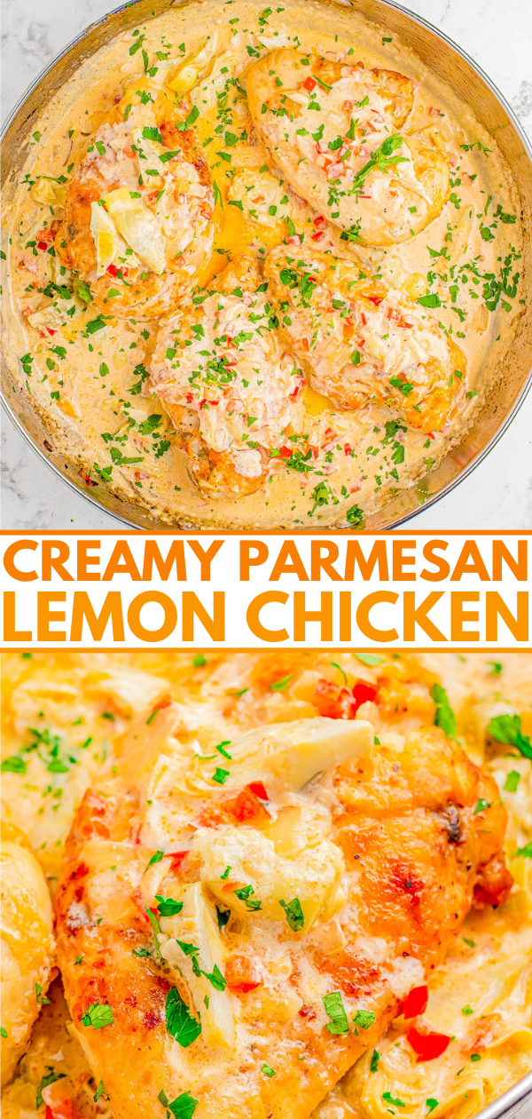 Image of a skillet containing creamy parmesan lemon chicken garnished with herbs. The dish features golden-brown chicken pieces in a creamy, lemon-infused sauce with red pepper bits and parsley.