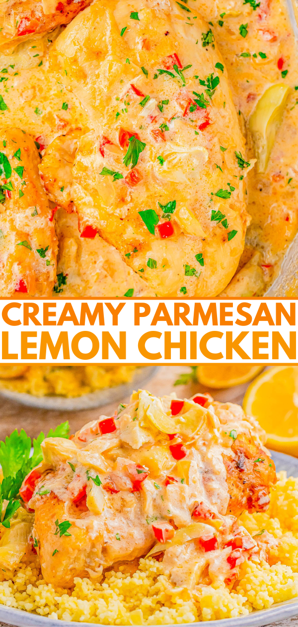 Close-up of creamy parmesan lemon chicken garnished with herbs and red bell peppers, served over a bed of couscous, with lemon slices in the background. Text reads "CREAMY PARMESAN LEMON CHICKEN.