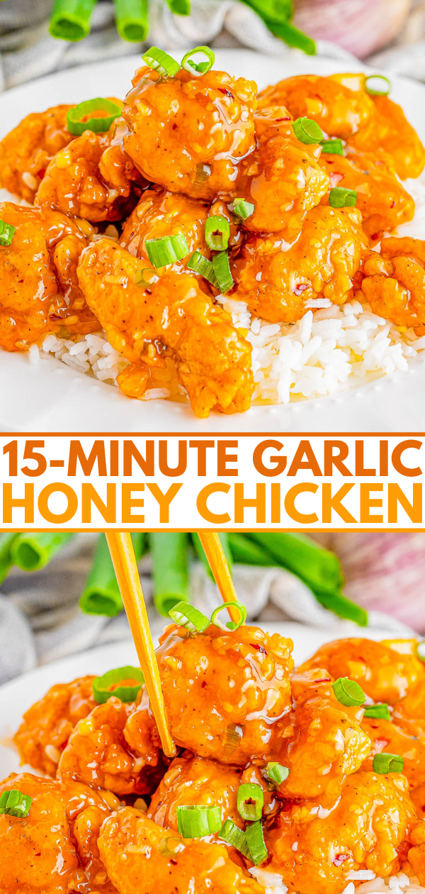 A plate of garlic honey chicken with green onions on a bed of rice. Text overlay reads "15-Minute Garlic Honey Chicken." Two images, including chopsticks picking up a chicken piece.