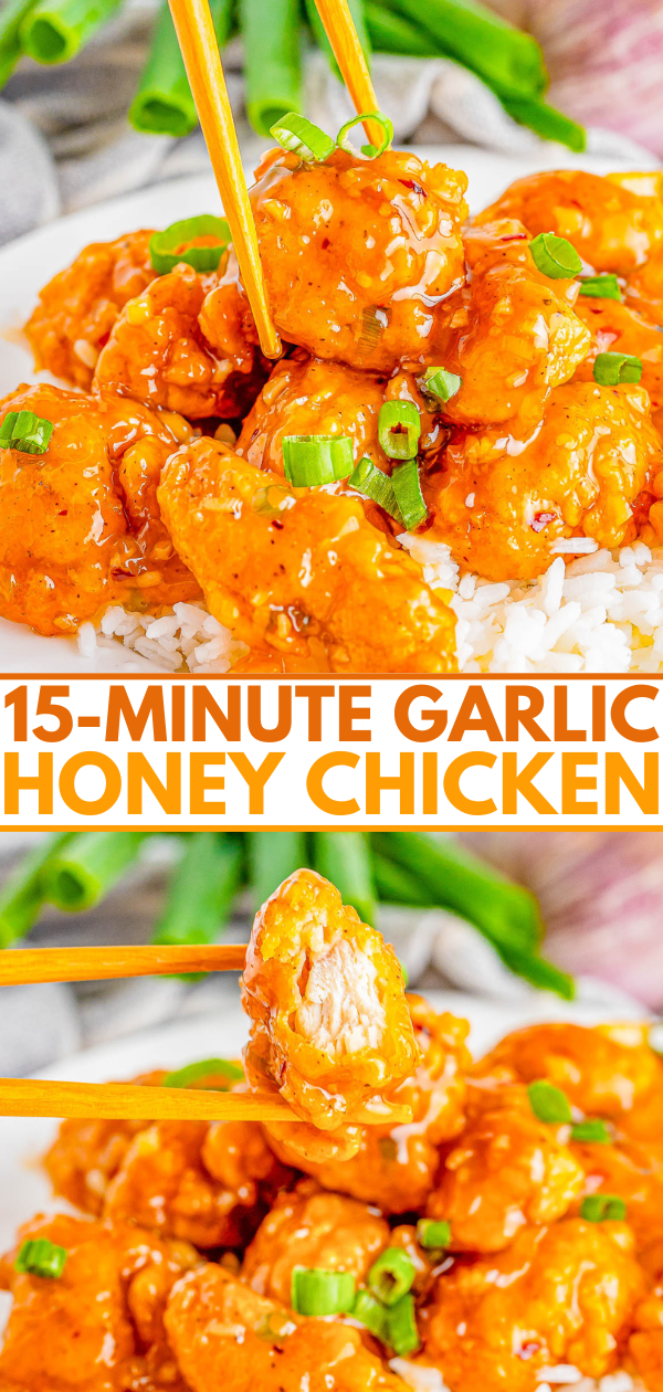 Close-up of garlic honey chicken served over rice, garnished with chopped green onions. The text reads: "15-Minute Garlic Honey Chicken". Chopsticks holding a piece in the foreground.