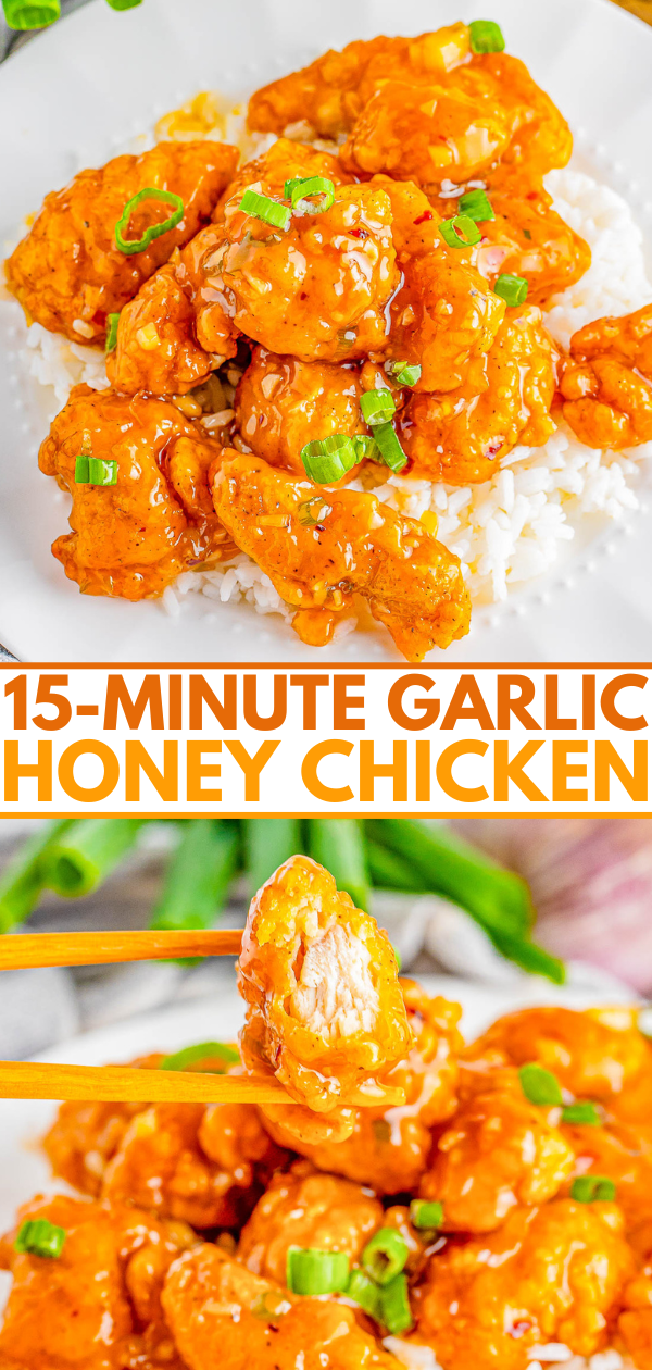 A plate of honey garlic chicken served on white rice. Text on the image reads, "15-Minute Garlic Honey Chicken." A close-up shows chopsticks holding a piece of the chicken.