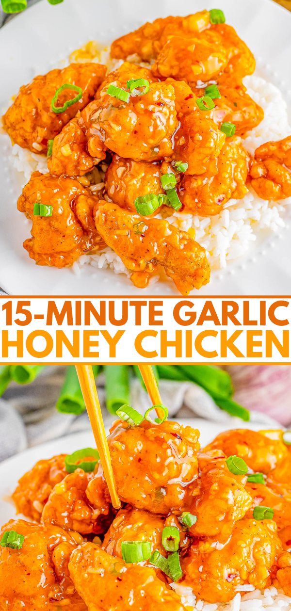 Plate of garlic honey chicken topped with green onions on a bed of white rice, highlighted by a caption that reads 