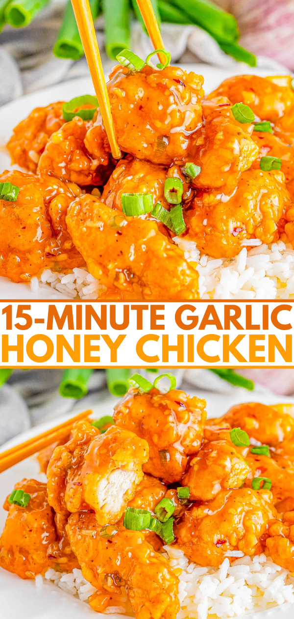 Plate of garlic honey chicken garnished with green onions, served on white rice. Text reads "15-Minute Garlic Honey Chicken.