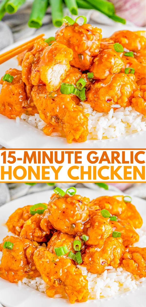 Two images of garlic honey chicken served over rice on a white plate. Text reads: "15-Minute Garlic Honey Chicken." The dish is garnished with green onions.