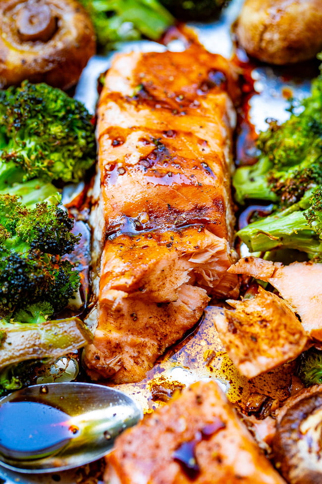 Sheet Pan Balsamic Vinegar Salmon and Vegetables — An EASY recipe that has so much flavor from the balsamic glaze!! IMPRESS your family and friends with this restaurant-quality tasting baked salmon!!