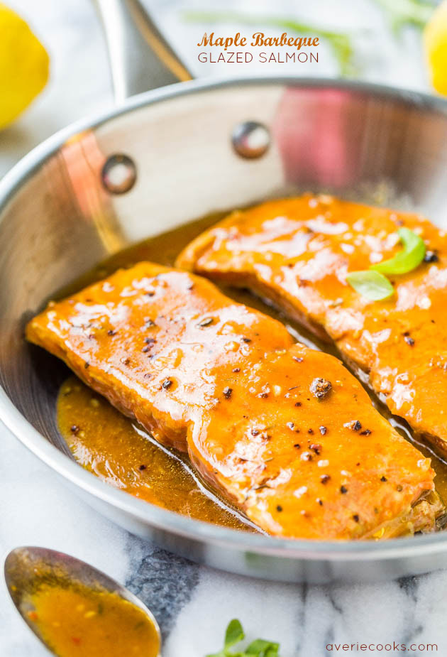 Maple Barbeque-Glazed Salmon - The glaze is smoky and sweet with a bit of heat & makes this 15 minute recipe just pop!