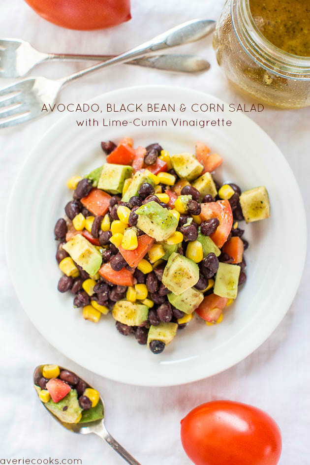 Black Bean Corn Avocado Salad with lime vinaigrette in a white bowl