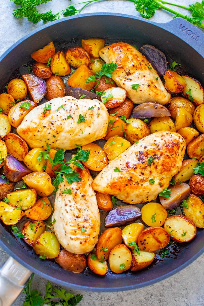 One Pan Lemon Butter Chicken and Potatoes - A DELICIOUS family dinner that's ready in 30 minutes and full of lemon buttery goodness!! ONE PAN keeps things EASY for you with less dishes!!