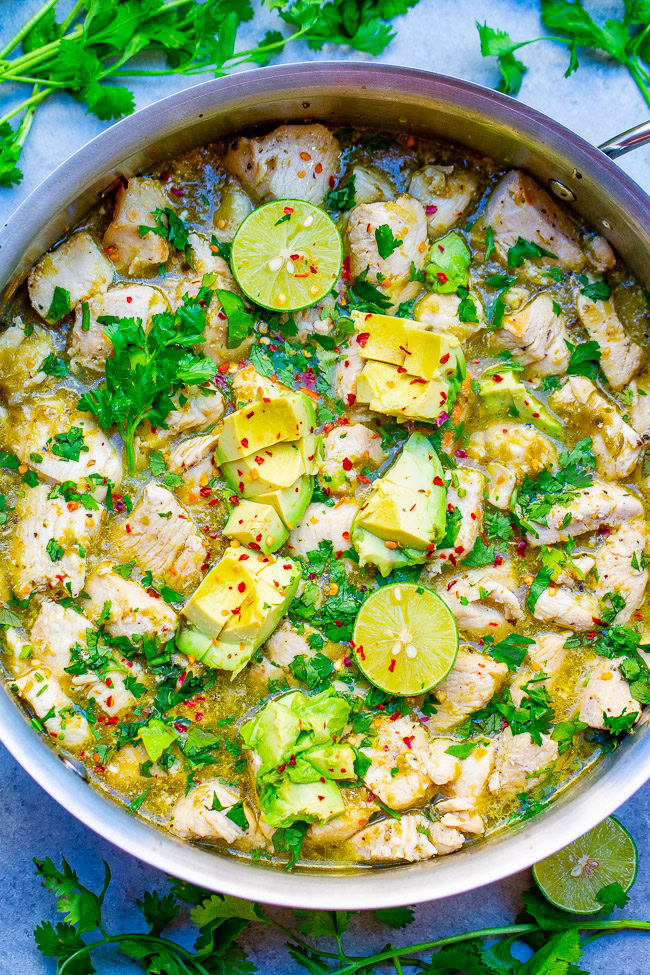 15-Minute Salsa Verde Chicken with Avocado - Fast, EASY, one skillet recipe!! Juicy chicken with salsa verde, lime juice, cilantro, and creamy avocado has so much Mexican-inspired FLAVOR the whole family will LOVE!! Perfect for busy weeknights and meal prepping!!