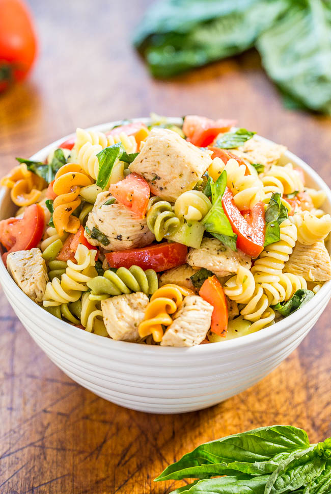 Italian Chicken Pasta Salad in white bowl