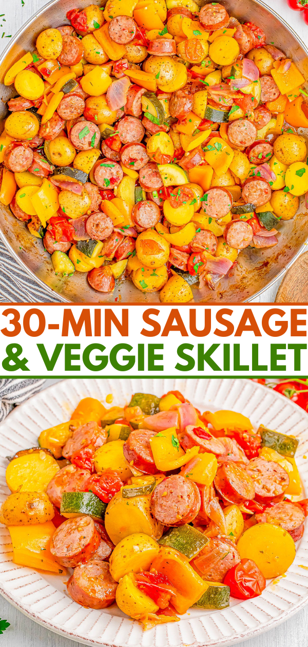 A skillet filled with cooked sausage slices, yellow potatoes, cherry tomatoes, zucchini, and red onions. Below, a plate with a serving of the same sausage and vegetable mix. Text: 