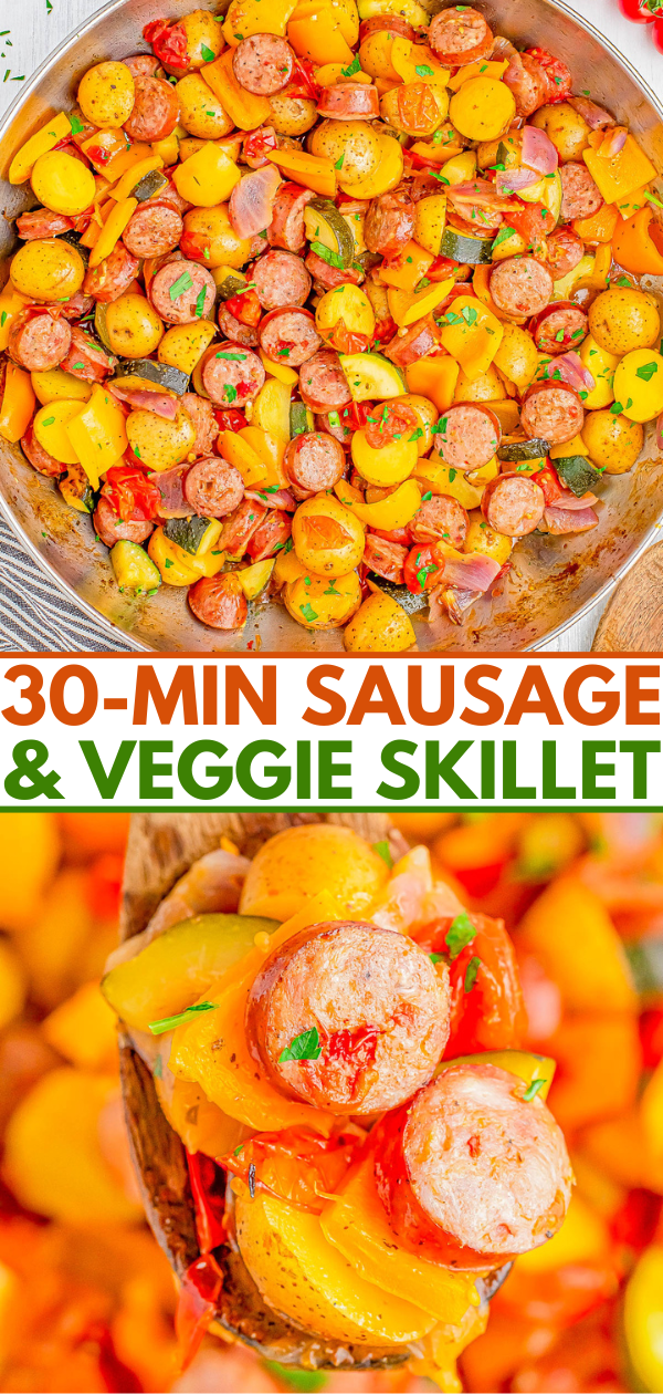 A skillet filled with sliced sausage, potatoes, and mixed vegetables. Below, a close-up of a spoonful of the dish. Text reads "30-Min Sausage & Veggie Skillet.