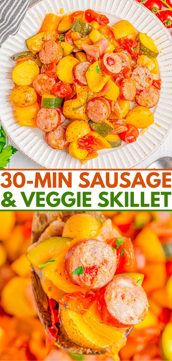 A white plate filled with a colorful mix of sliced sausage, yellow bell peppers, red cherry tomatoes, zucchini, and chunks of potatoes. Text reads "30-Min Sausage & Veggie Skillet". Close-up of the dish below.