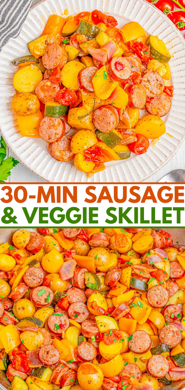 A plate of sausage and vegetable skillet with potatoes, bell peppers, and tomatoes alongside a recipe title reading, "30-Min Sausage & Veggie Skillet.