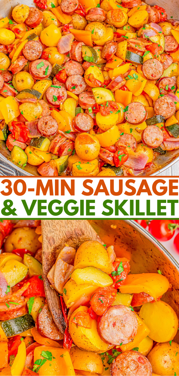 A colorful skillet dish featuring sliced sausages, yellow bell peppers, zucchini, and tomatoes. The text reads "30-Min Sausage & Veggie Skillet.