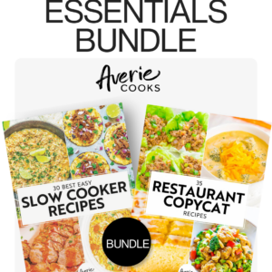 Image showing two cookbooks from Averie Cooks' Essentials Bundle: "30 Best Easy Slow Cooker Recipes" and "35 Restaurant Copycat Recipes." Both feature various food dishes on their covers.