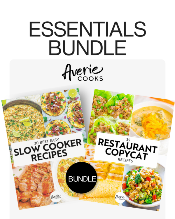 Image showing two cookbooks from Averie Cooks' Essentials Bundle: "30 Best Easy Slow Cooker Recipes" and "35 Restaurant Copycat Recipes." Both feature various food dishes on their covers.