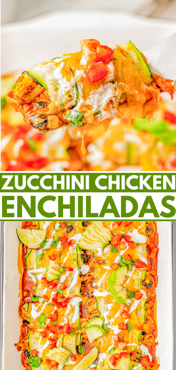 Close-up of zucchini chicken enchiladas topped with cheese, tomatoes, and sour cream, with lime slices on the side. The enchiladas are featured in a baking dish in the bottom half of the image.