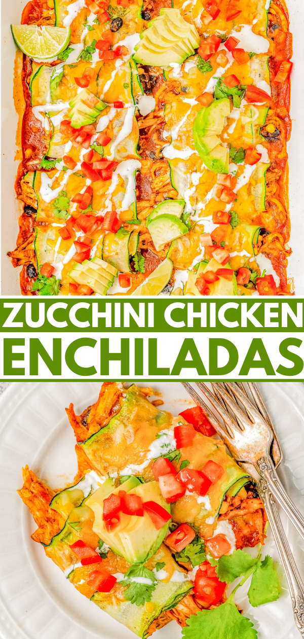 A tray of zucchini chicken enchiladas topped with avocado, diced tomatoes, and lime slices, accompanied by a served portion on a white plate with a fork.